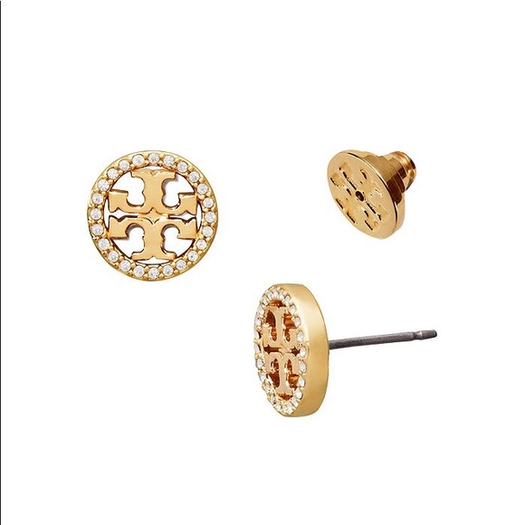 Tory Burch Gold Crystal Logo Circle Stud Earrings - Picture 5 of 6